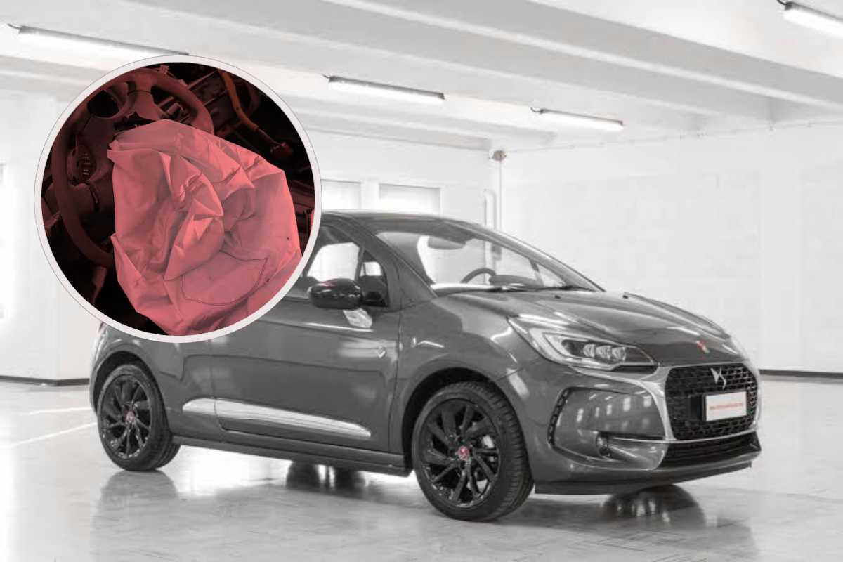 Una DS3 della Citroen in un concessionario e, in evidenza, un airbag 