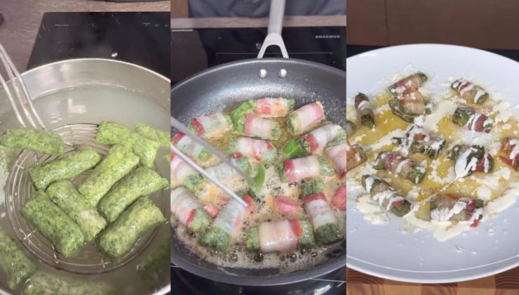 Collage della preparazione di gnocchi agli spinaci