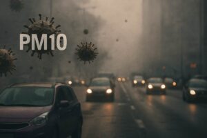 Strada piena di smog con illustrazione di contaminanti di PM10