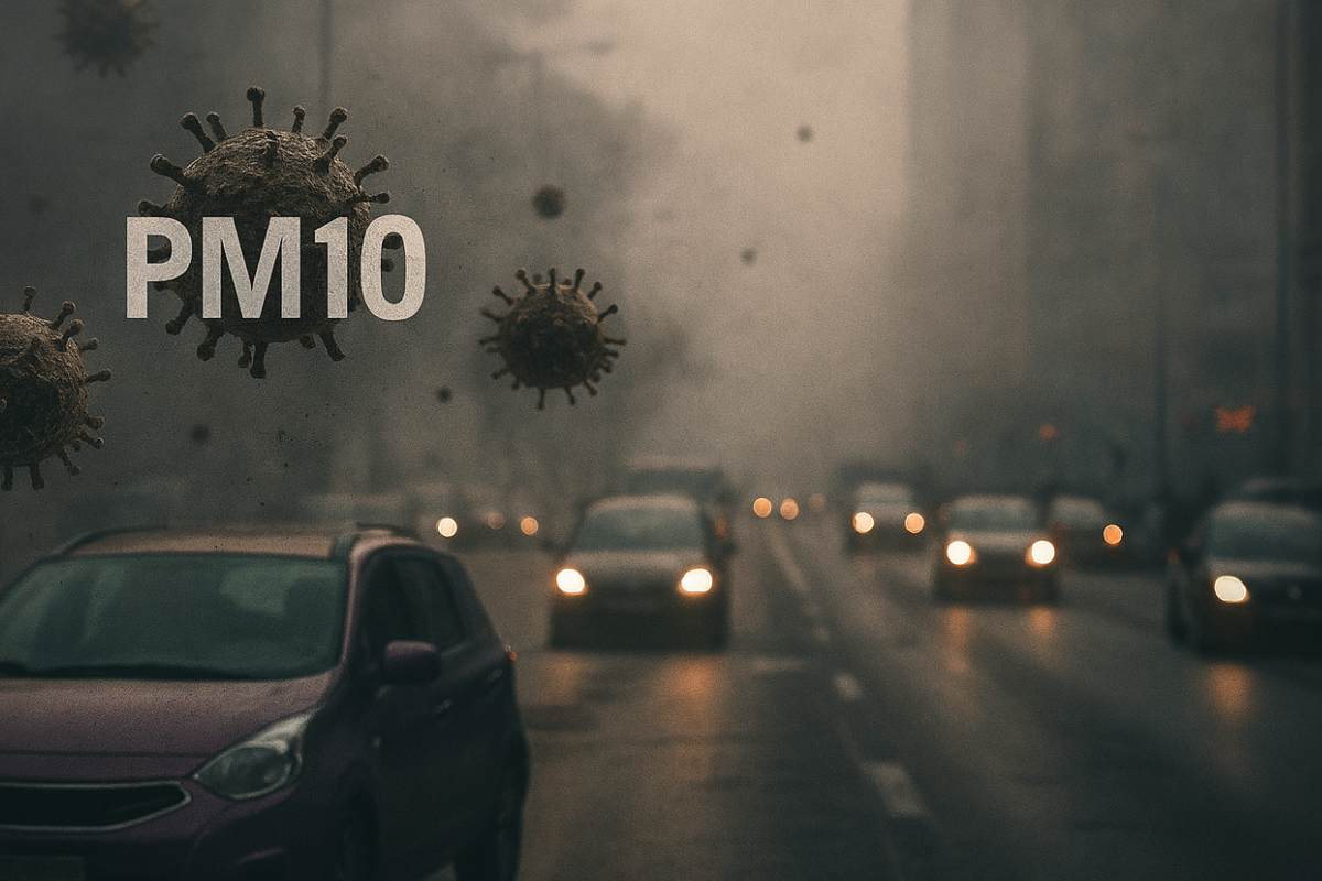 Strada piena di smog con illustrazione di contaminanti di PM10