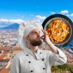veduta di Napoli, chef e piatto di spaghetti