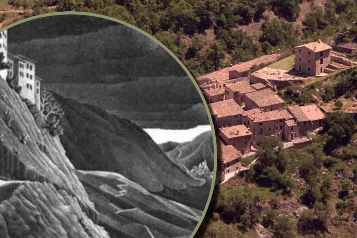 La litografia Escher e, sullo sfondo, il borgo di Castovalva in Abruzzo