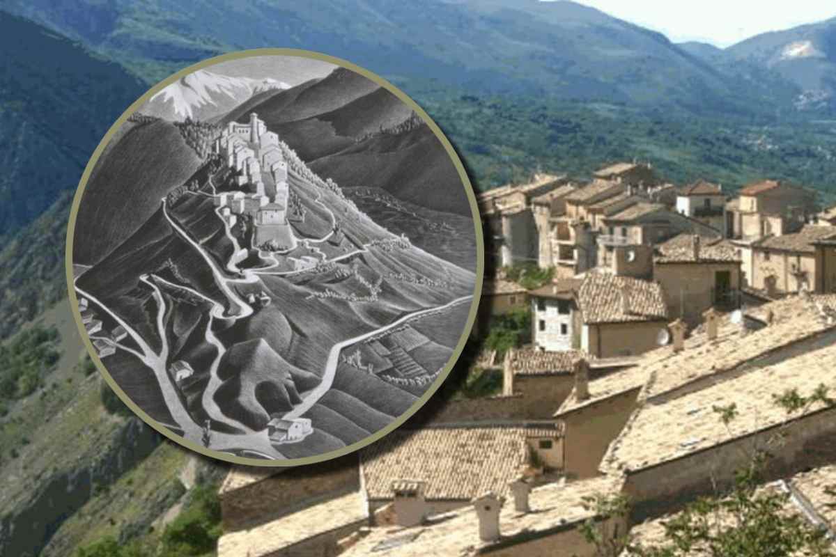 Un borgo abruzzese e, in evidenza, una famosa litografia di Escher