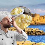 napoli sullo sfondo, chef con bacio e pasta e patate in icona