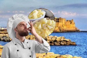 napoli sullo sfondo, chef con bacio e pasta e patate in icona