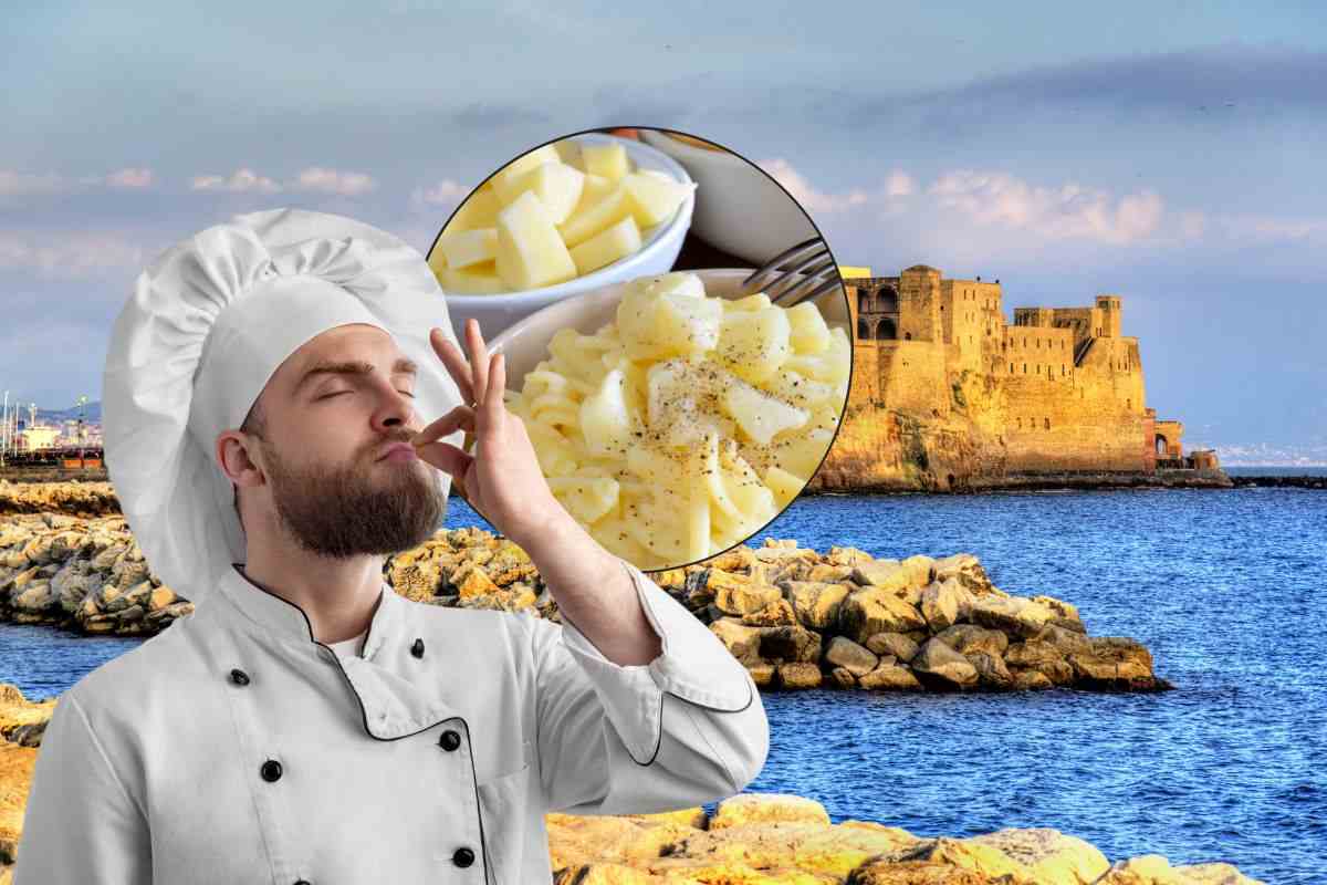 napoli sullo sfondo, chef con bacio e pasta e patate in icona